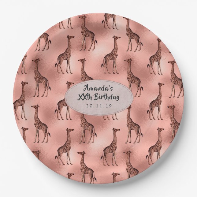 Rose Gold Foil Giraffe Pattern Paper Plate (Front)