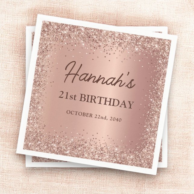 Rose Gold Foil Glitter 21st Birthday Name Napkin (Creator Uploaded)