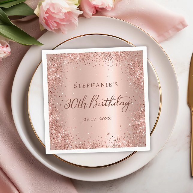 Rose Gold Foil Glitter 30th Birthday Monogram Napkin (Creator Uploaded)