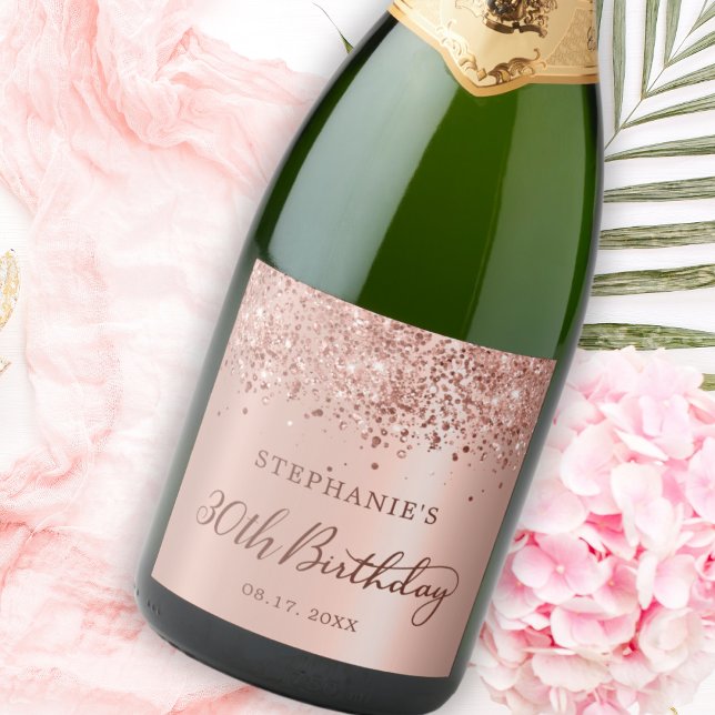Rose Gold Foil Glitter 30th Birthday Monogram Sparkling Wine Label (Creator Uploaded)