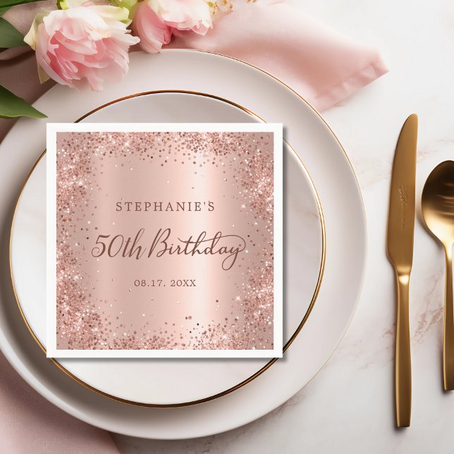 Rose Gold Foil Glitter 50th Birthday Monogram Napkin (Creator Uploaded)