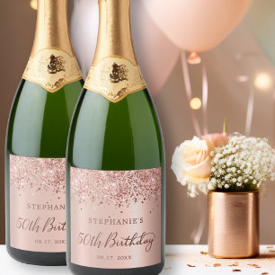 Rose Gold Foil Glitter 50th Birthday Monogram Sparkling Wine Label
