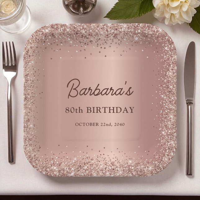 Rose Gold Foil Glitter 80th Birthday Name Paper Plate (Creator Uploaded)