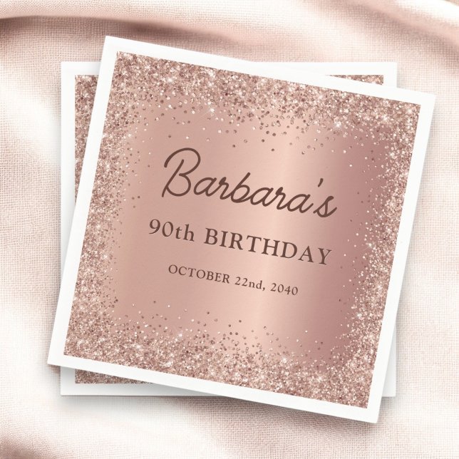 Rose Gold Foil Glitter 90th Birthday Name Napkin (Creator Uploaded)