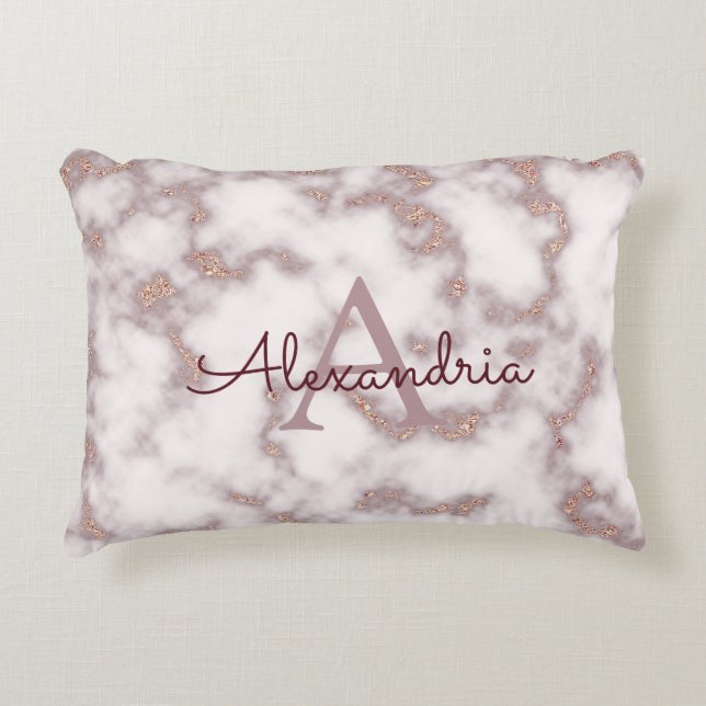 Rose Gold Foil Glitter in Pink Marble Monogram Decorative Cushion (Front)