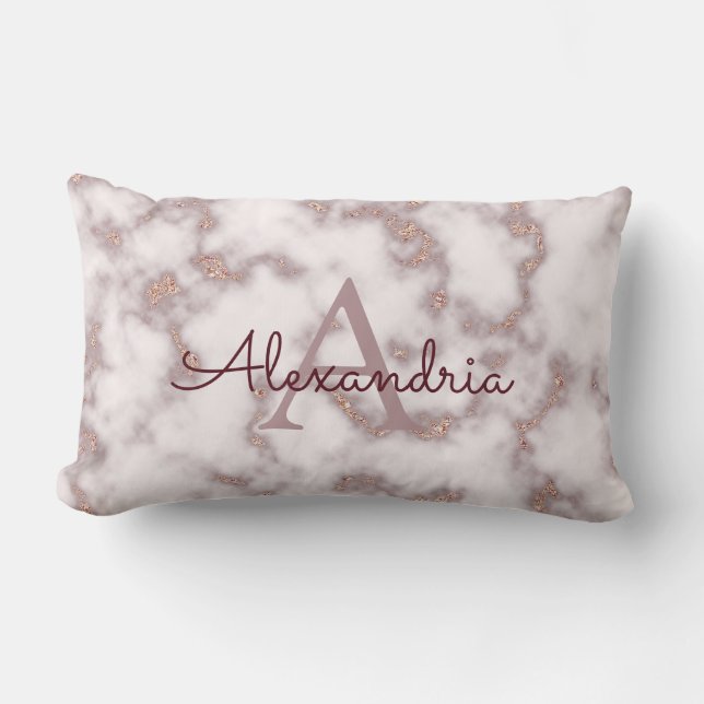 Rose Gold Foil Glitter in Pink Marble Monogram Lumbar Cushion (Front)