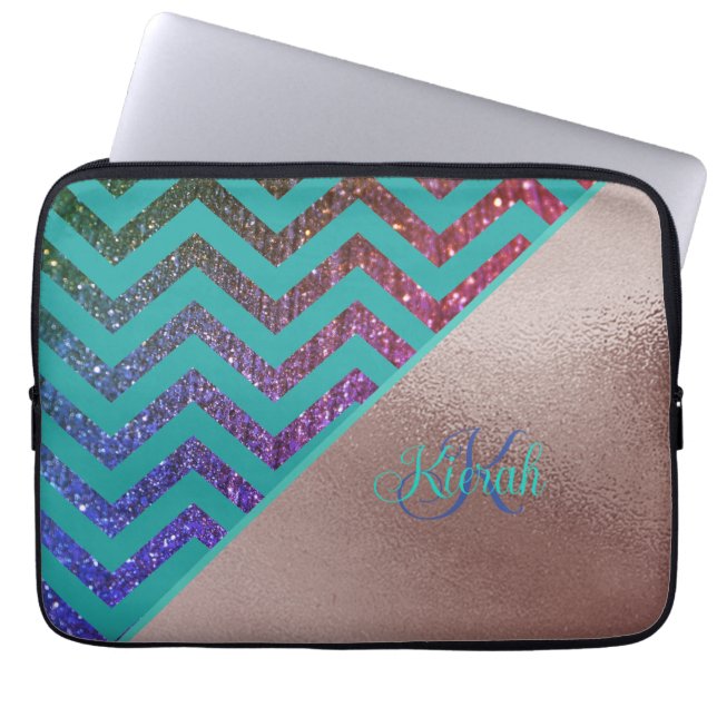 Rose Gold Foil Glittery Chevron Teal Green Girly  Laptop Sleeve (Front)