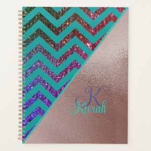 Rose Gold Foil Glittery Chevron Teal Green Girly Planner