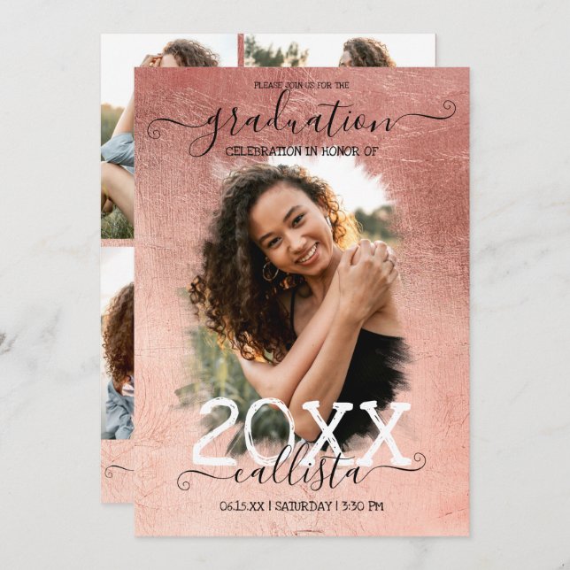 Rose Gold Foil Halo Photo Collage Graduation Invitation (Front/Back)