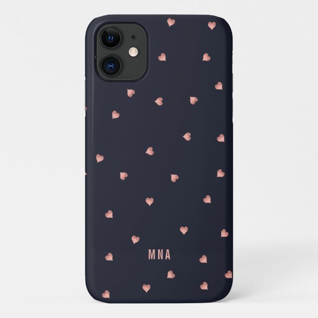 Rose Gold Foil Hearts Pattern Navy Blue Monogram Case-Mate iPhone Case (Back)