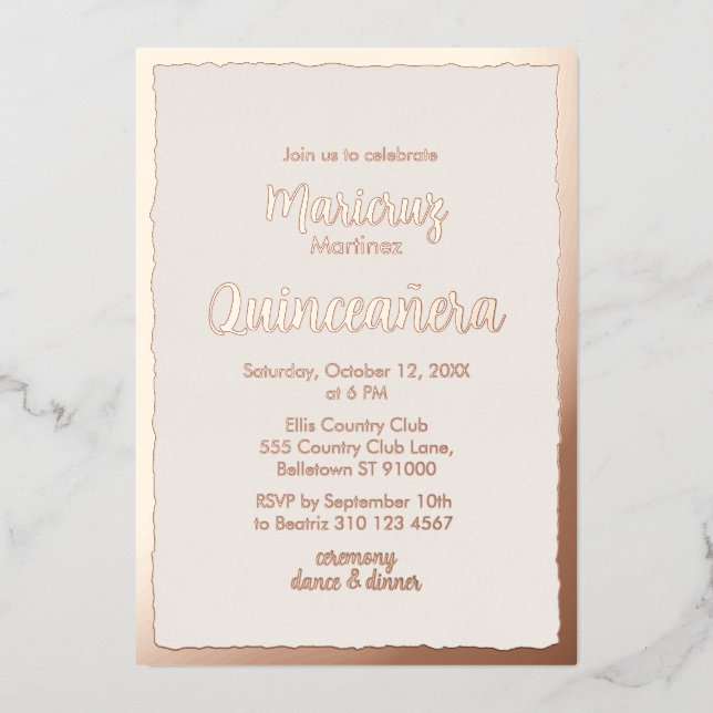 Rose Gold Foil Ivory Quinceañera Photo Invitation (Front)
