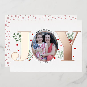 Rose gold foil Joy and berries Christmas photo