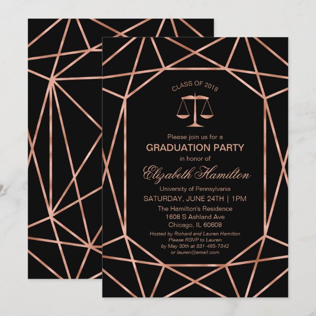 Rose Gold Foil Law School School Graduation Party Invitation (Front/Back)