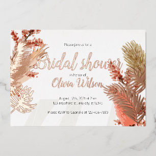 Rose gold foil leaves bridal shower invitation