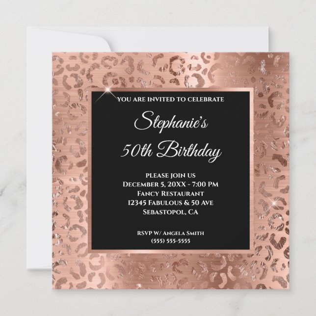 Rose Gold Foil Leopard Black Overlay 50th Birthday Invitation (Front)