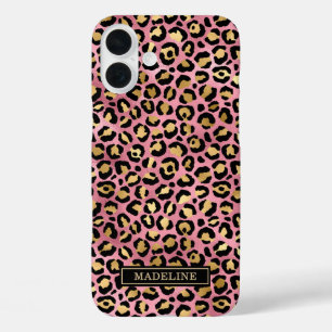 Rose Gold Foil Leopard Print Monogrammed iPhone 16 Plus Case