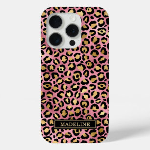 Rose Gold Foil Leopard Print Monogrammed iPhone 15 Pro Case