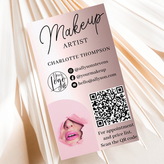 Rose Gold foil makeup logo Qr code 2 photos Business Card (Rose Gold foil makeup logo Qr code 2 photos Business Card)