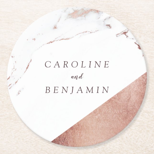 Rose gold foil marble luxury modern wedding round paper coaster (Front)