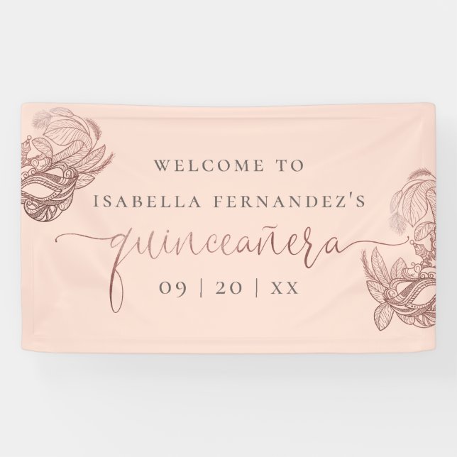 Rose Gold Foil Masquerade Quinceañera Welcome Banner (Horizontal)