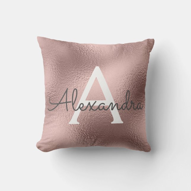 Rose Gold Foil Metal Monogram Name and Initial Cushion (Front)