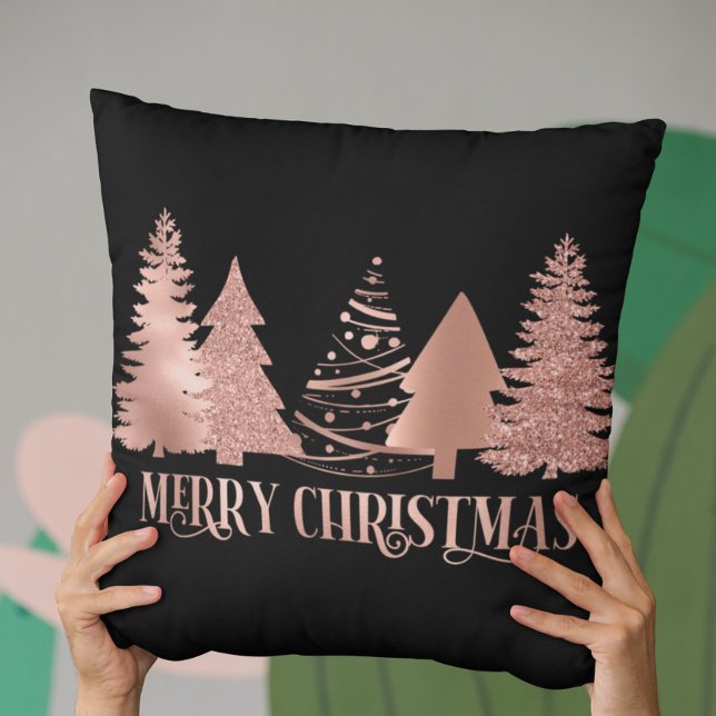 Rose Gold Foil Metallic Merry Christmas Tree Throw Cushion (Creator Uploaded)