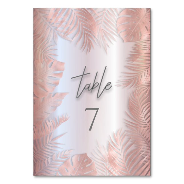 Rose gold foil metallic tropical leaves romantic table number (Front)