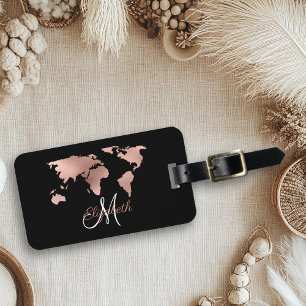 Rose Gold Foil Metallic World Map Luggage Monogram Tag
