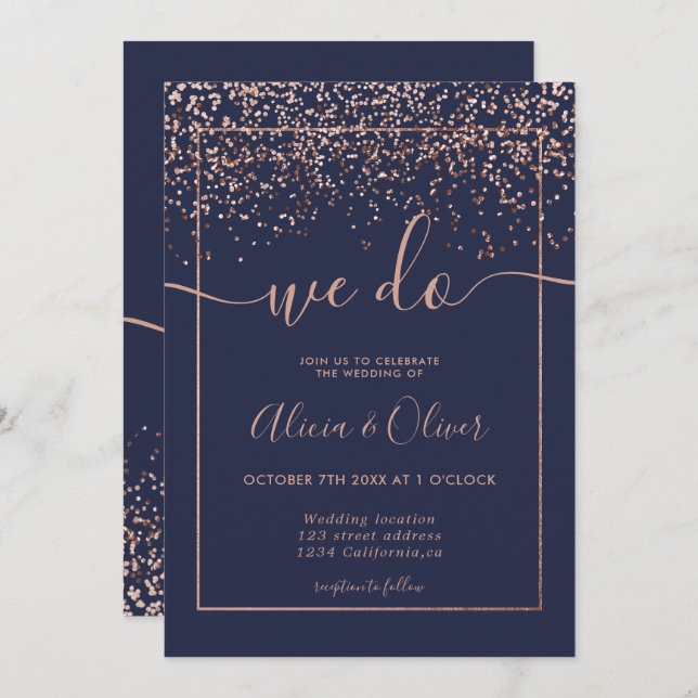 Rose gold foil navy blue chic initials wedding invitation (Front/Back)
