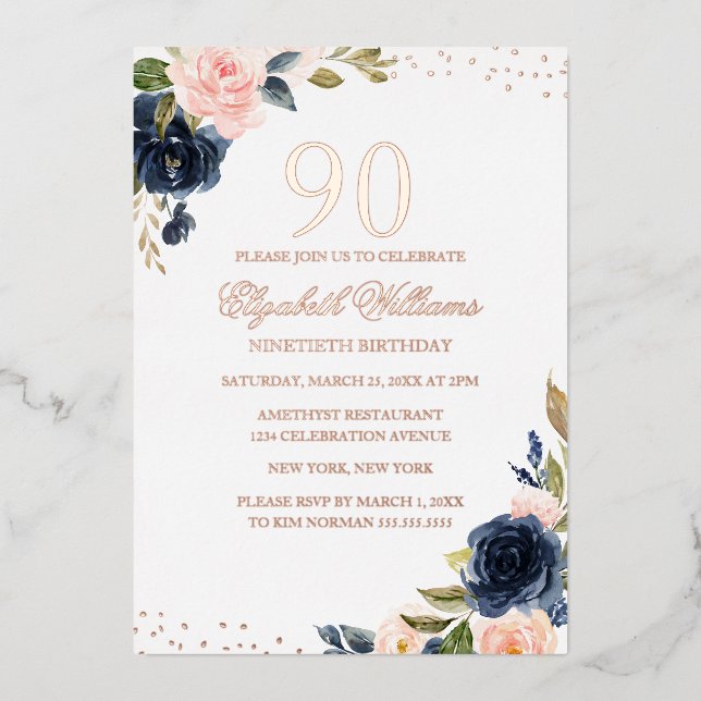 ROSE GOLD FOIL Navy Blush Floral 90th Birthday   (Front)