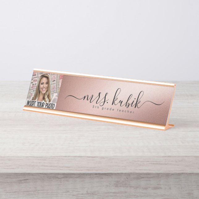 Rose Gold Foil Personalised Image Desk Name Plate (Front)