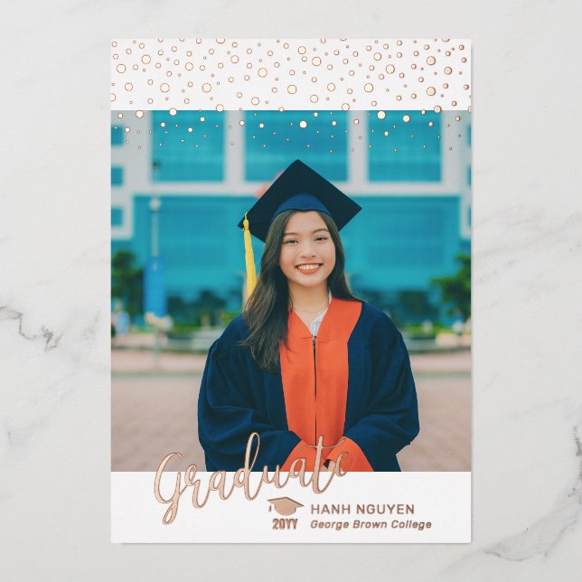 Rose gold Foil Photo Graduation Announcement Card (Front)