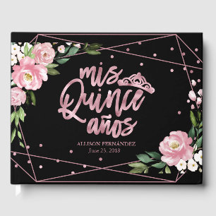Rose Gold Foil Pink Black Floral Quinceanera Guest Book