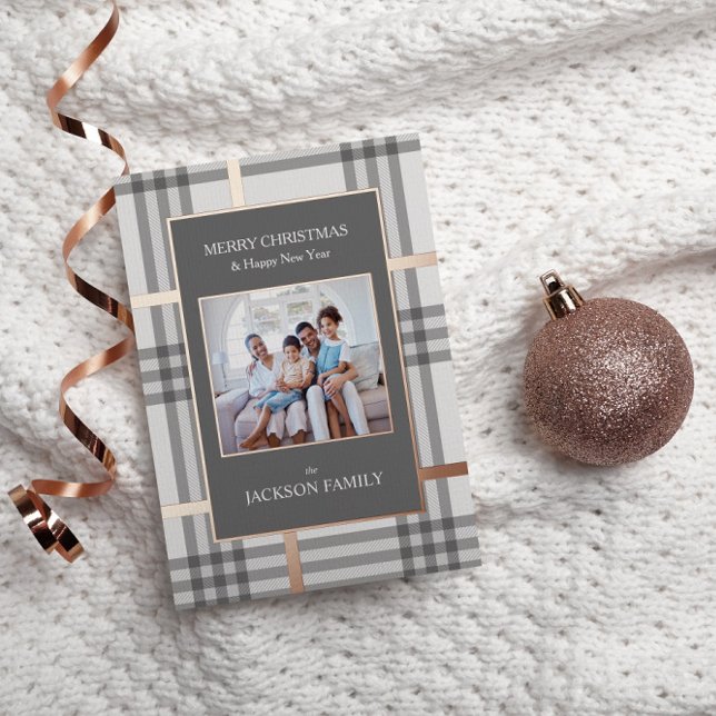 Rose Gold Foil Plaid Holiday Photo Christmas Card (Creator Uploaded)