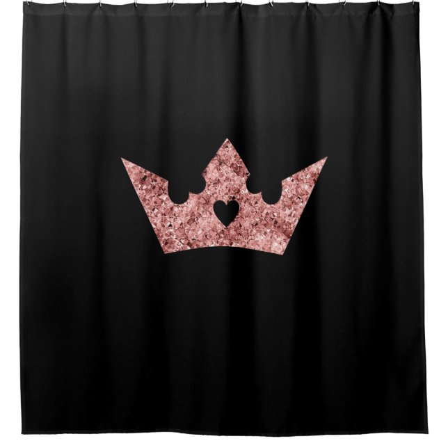 Rose Gold Foil Princess Crown on Black Shower Curtain (Front)