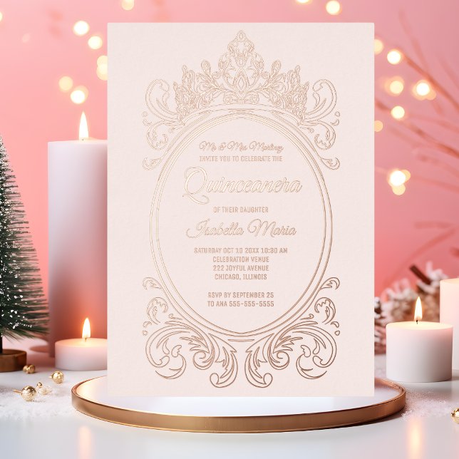 Rose Gold Foil Quinceañera Invitations Crown Pink (Creator Uploaded)