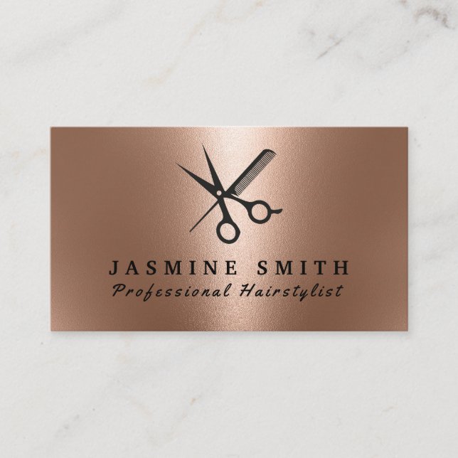 Rose Gold Foil Scissors And Comb Logo Hairstylist Business Card (Front)