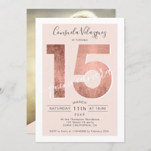 Rose gold foil script blush quinceanera photo invitation