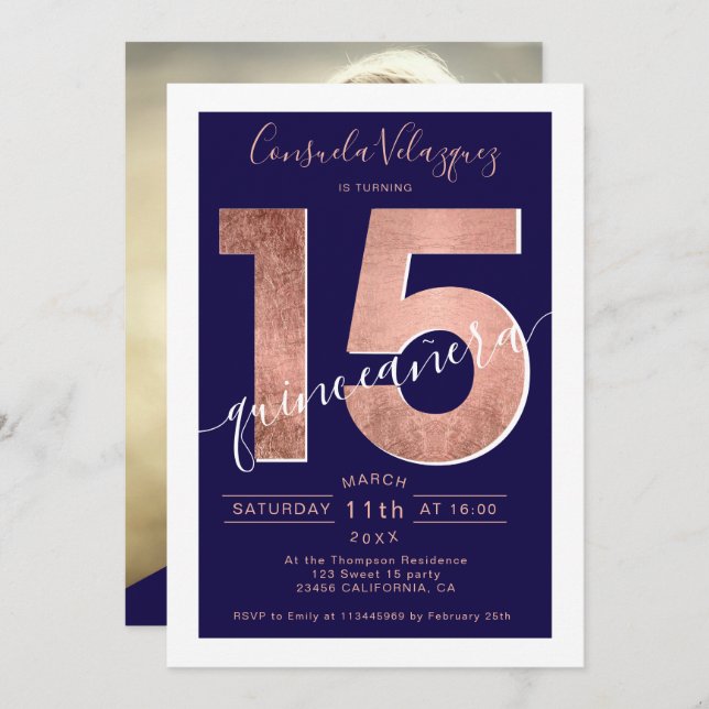 Rose gold foil script navy blue quinceanera photo invitation (Front/Back)