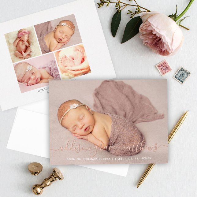 Rose Gold Foil Script Photo Collage Birth Announce (Creator Uploaded)