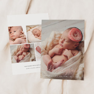 Rose Gold Foil Script Portrait Photo Birth Announc