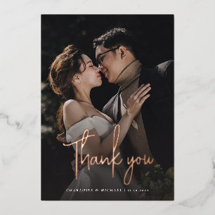 Rose Gold Foil Script Wedding Photo Thank You Card