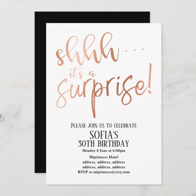 Rose Gold Foil , shhh it's a Surprise party Invitation (Front/Back)