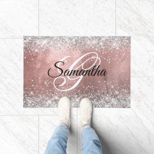 Rose Gold Foil Silver Glitter Fancy Monogrammed Doormat