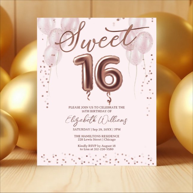 Rose Gold Foil Sweet 16 Balloons Budget Invitation (Creator Uploaded)