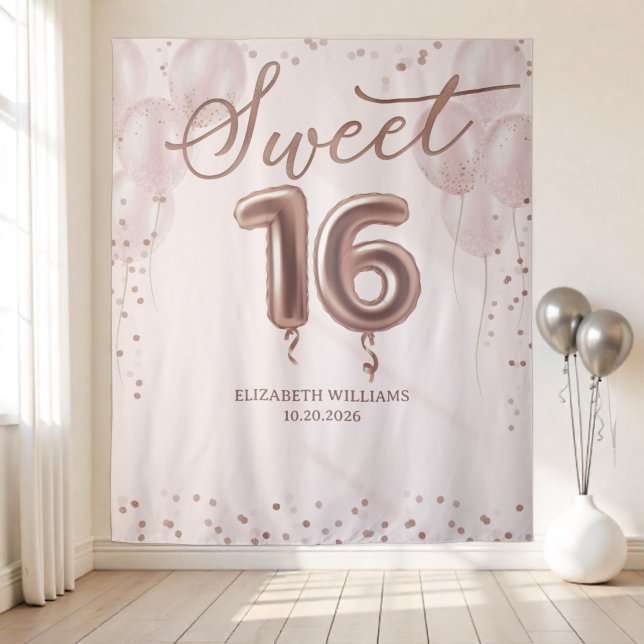 Rose Gold Foil Sweet 16 Balloons Pink Backdrop Tapestry (Creator Uploaded)