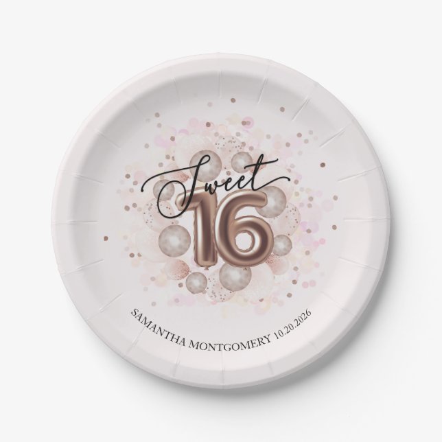 Rose Gold Foil Sweet 16 Bday Balloons Party Pink Paper Plate (Front)