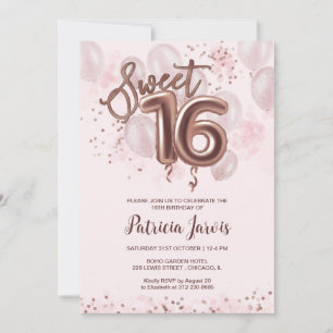 Rose Gold Foil Sweet 16 Bday Balloons Party Rose Invitation
