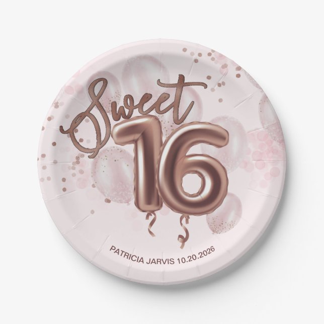 Rose Gold Foil Sweet 16 Bday Balloons Party Rose Paper Plate (Front)