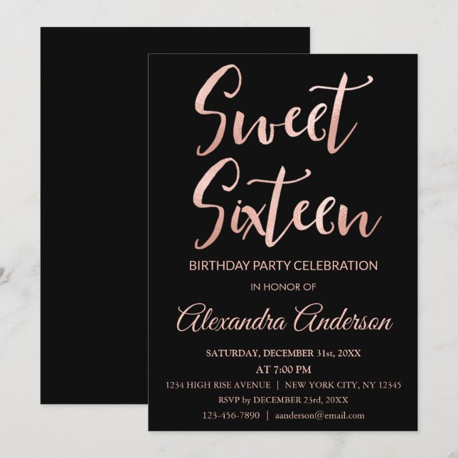 Rose Gold Foil Sweet 16 Sixteen Birthday Invitation (Front/Back)